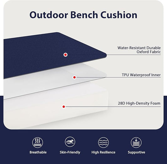 Favoyard Outdoor Bench Cushion 45 x 18 Inch Waterproof Patio Furniture Cushions 3-Year Color Fastness Garden Sofa Settee Couch Swing Pads with Handle and Attach Ties, Blue