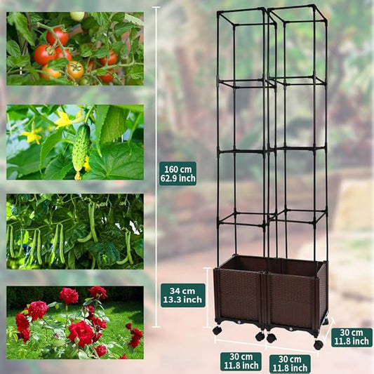 2 Pack Tomato Planter with Trellis, 62" H Rolling Planter Box with Wheels & Water Reservoir, Self-Watering Raised Garden Bed for Climbing Plants, Tomato, Potato, Vegetables, Chili