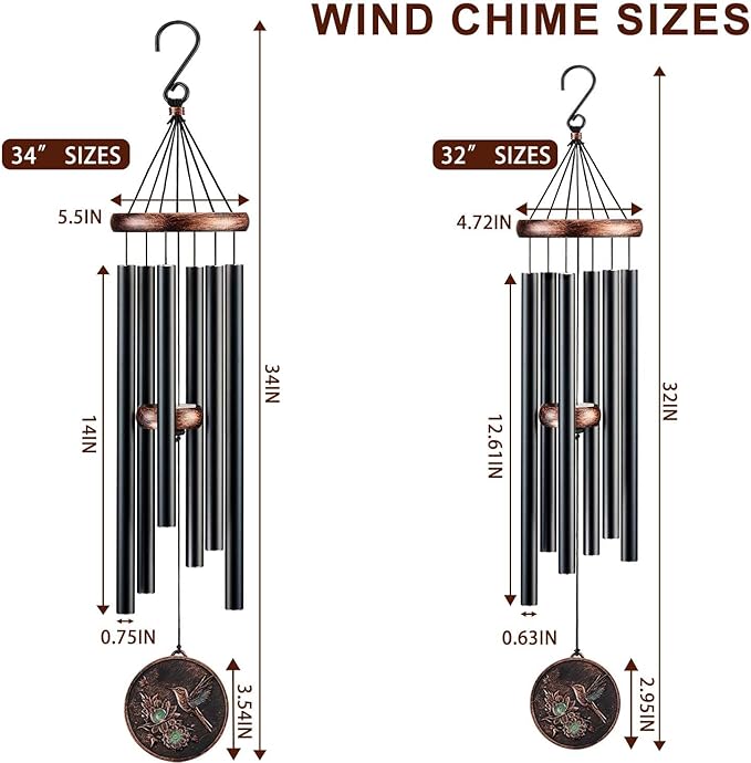 Wind Chimes for Outside, Vintage Hummingbird Deep Tone Wind Chime Outdoor Clearance, Patio Porch Balcony Decoration, Garden Hanging Decor Gifts for Women Mom Grandma (32" Hummingbird)