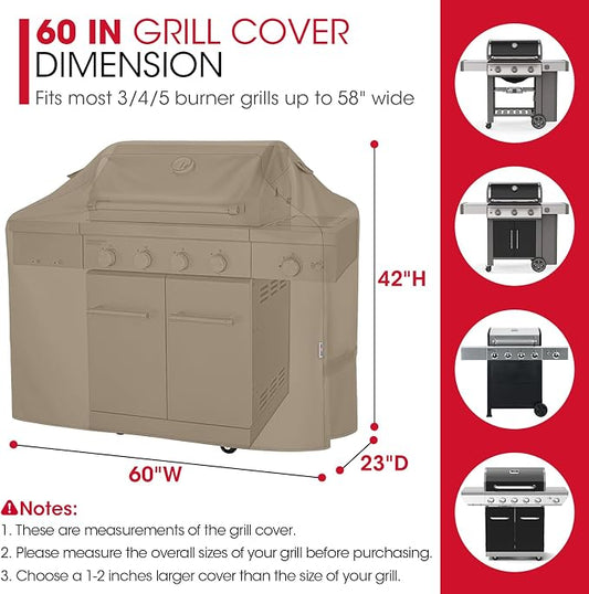 Unicook Grill Cover 60 Inch, Heavy Duty Waterproof Gas Grill Cover for Outside, Fade Resistant Barbecue Protector with Sealed Seam, Fits Weber Char-Broil Nexgrill BBQs up to 58" Wide,Neutral Taupe