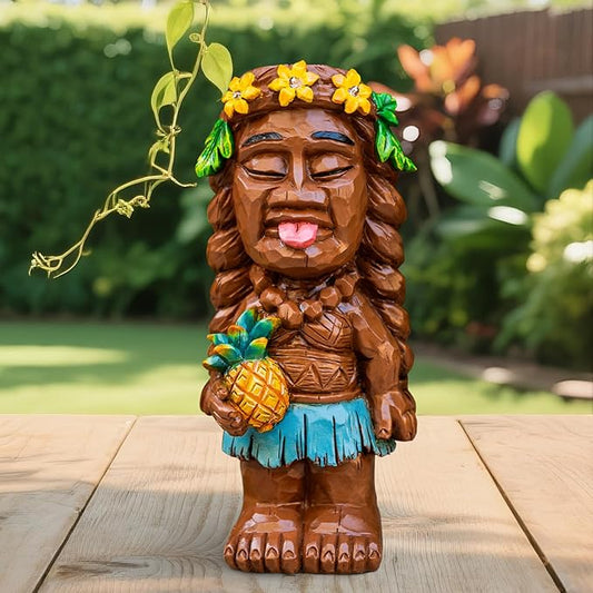 Solar Tiki Girl Garden Statues Tiki Lady Statue Holding Pineapple Figurine with Flower LED Lights for Tiki Bar Porch Patio Yard Outdoor Decorations Christmas Birthday Gardening Gift for Mom Women