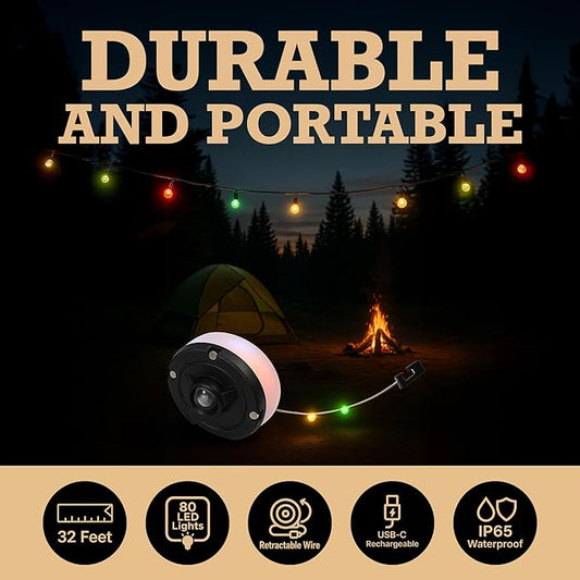 Bell+Howell 32 Ft Retractable Camping String Lights with Flash Light & Hanging Hook, LED Color Changing for Backyard, Holidays, Portable String Lights Outdoor Waterproof IP65, USB-C Cable Included