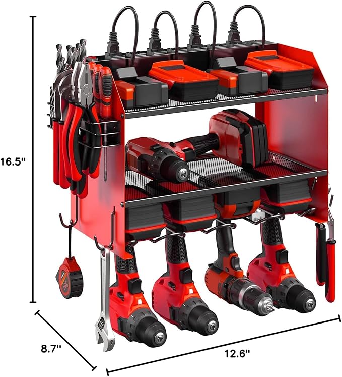 CCCEI Modular Power Tool Organizer Wall Mount with Charging Station. Garage Drill Storage Shelf with Hooks, Heavy Duty Rack, Tool Battery Holder Built in 8 Outlet. Gift for Men. Red, 1 Pack.