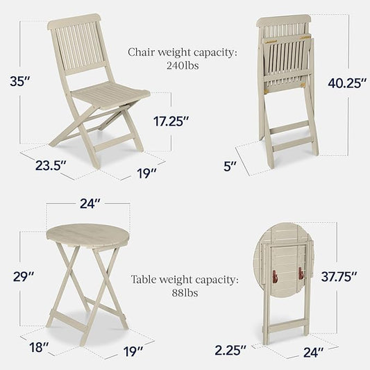 Best Choice Products 3-Piece Acacia Wood Bistro Set, Folding Patio Furniture for Backyard, Balcony, Deck w/ 2 Chairs, Round Coffee Table, Teak Finish - Cream