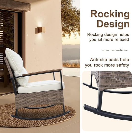 EAGLE PEAK 3 Piece Mojave Dusk Outdoor Conversation Set, Patio Wicker Furniture, 2 Rocking Chairs and Side Table, Light Brown/Beige
