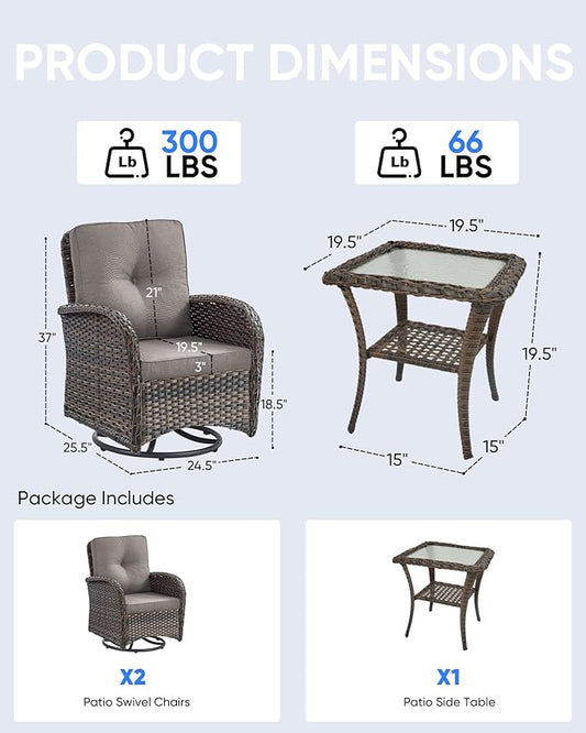 3 Pieces Patio Bistro Set Outdoor Swivel Rocker Patio Chairs with Side Table Patio Furniture for Deck Porch Garden Balcony Poolside