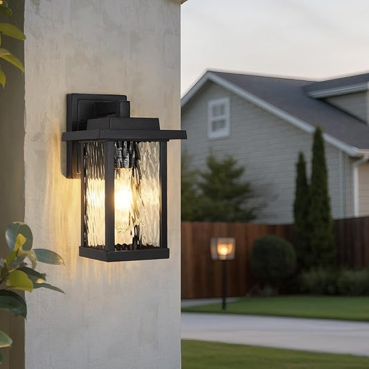 Outdoor Wall Sconce, Outside Porch Light Fixtures, Wall Mount Anti-Rust Exterior Wall Lights in Wood Grain Finish & Black Finish with Water Ripple Glass for Garage Doorway Entryway