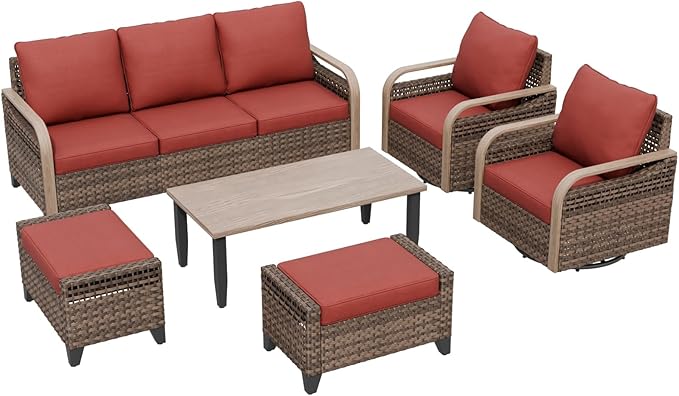 COOS BAY Modern Wicker Outdoor Furniture Set, Patio Conversation Set with Swivel Rockers, 3 Seat Couch, Ottomans, and Coffee Table, 6 Piece, Brown/Red