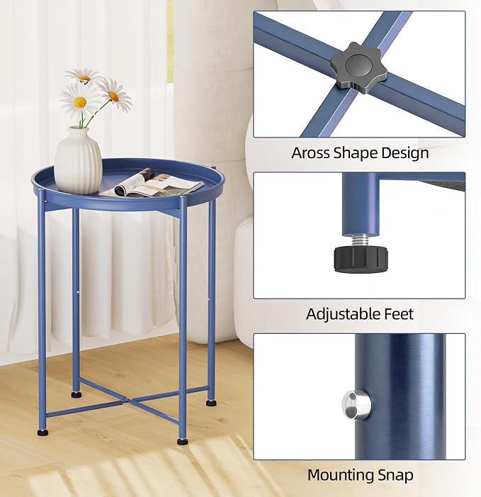 Garden 4 you Small Side Table, Blue Mini Round End Table, Tray Table with Metal Frame, Modern Nightstand for Living Room, Bedroom, Patio, Small Space, 2pcs