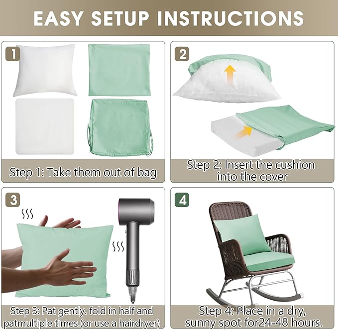 Outdoor Seat Cushion Set 22 x 22 In, Water-Resistant & Fade-Resistan, Patio Furniture Cushions with Removable Cover Deep Seat & Back Cushion with Handle and Adjustable Straps for Chair Sofa,4PC