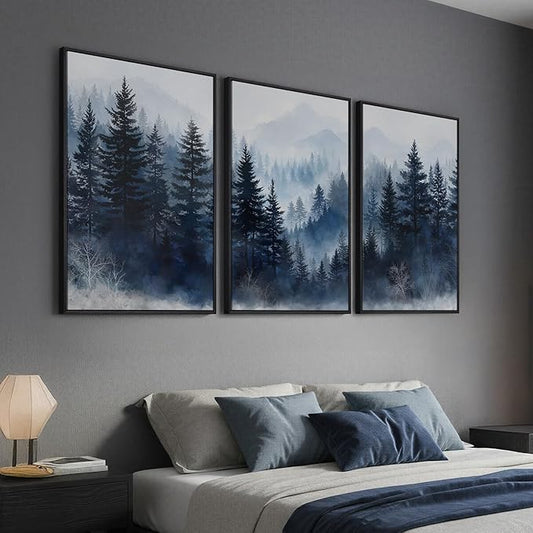 Framed Blue Forest Mountain Wall Art for Living Room, Misty Pine Tree Nature Landscape Canvas Artwork for Walls, Neutral Foggy Forest Scenic Painting Prints for Bedroom Office Wall Decor, 24x36 Inch