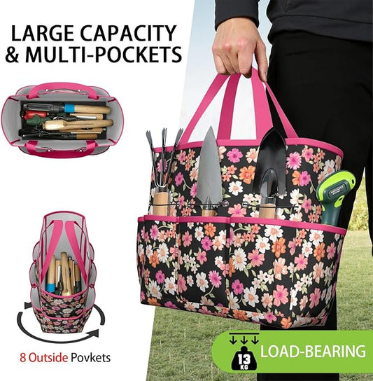 Daisy Flowers Garden Tool Bag - Waterproof Garden Tote with 8 Pockets, Large Storage Home Organizer Gardening Tool Oxford Bag for Garden Tools Kits Holder, Ideal Outdoor Gardening Gift for Women & Men