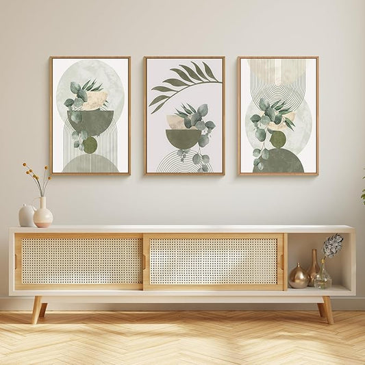 FWIEXA Sage Green Plant Canvas Wall Art Set 3, Abstract Geometric Line Botanical Framed Prints, Beige Minimalist Boho Leaf Paintings,16x24In Mid Century Modern Artwork for Living Room,Bedroom,Office