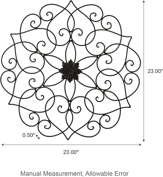 Glitzhome Black Metal Wall Art Decor, 23”H Floral Iron Wall Decor with Ornamental Scroll Design, Indoor Outdoor Wall Accent for Garden Porch Patio