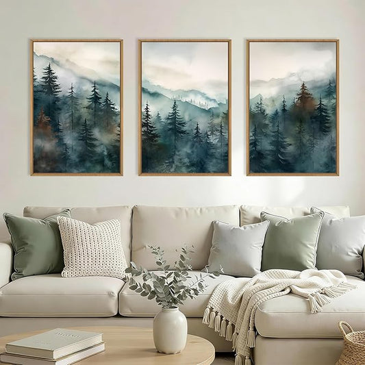 KAIRNE Watercolor Misty Forest Framed Canvas Wall Art Set, Nature Landscape Wall Decor, Foggy Mountain Pine Trees Wall Painting, Jungle Scenery Artwork for Living Room, Bedroom, Office-24 x36 x3