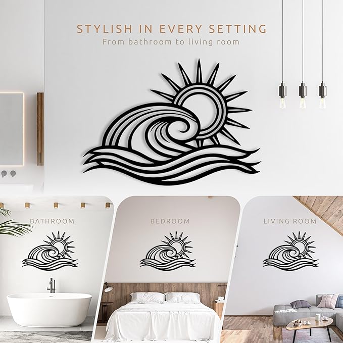 Wita Home Ocean Wave Metal Wall Art, Sun Beach Decor, Coastal Large Wall Sculpture for Home, Indoor/Outdoor Use, Nautical Wall Hanging, Eye-Catching Addition to Living Room (Black, 24 x 14 inches)