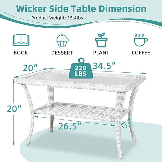 MEETWARM Wicker Patio Coffee Table, 34.5" Rectangle Outdoor Coffee Table with Tempered Glass Top and 2-Tier Storage Shelf, All-Weather Rattan Patio Side Table for Outside Poolside Deck Garden, White