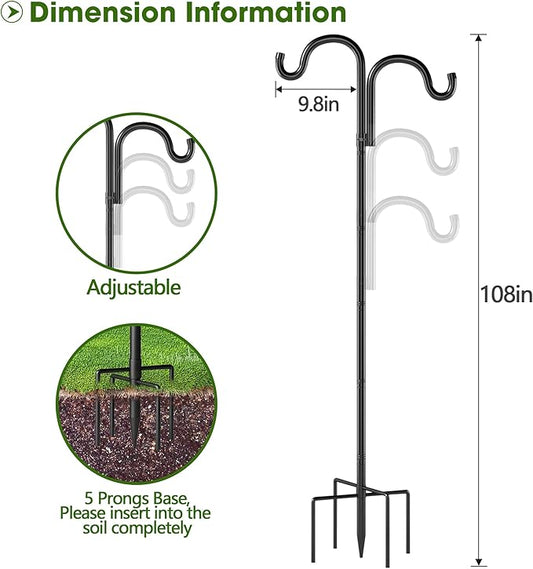 Double Shepherds Hooks for Outdoor, 108" Heavy Duty Bird Feeder Pole with 5 Prong Base, Adjustable Shepherds Hook for Bird feeders Outside, Garden, Weddings, Hanging Plants, 2 Pack, Black