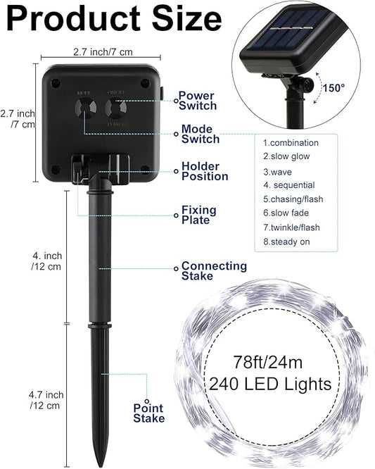 Treela 8 Pack Solar String Lights Outdoor Waterproof Each 240 Led 78ft Solar Fairy Lights Outdoor 8 Mode Led Tree Waterproof Copper Wire Garden Yard(Cool White)