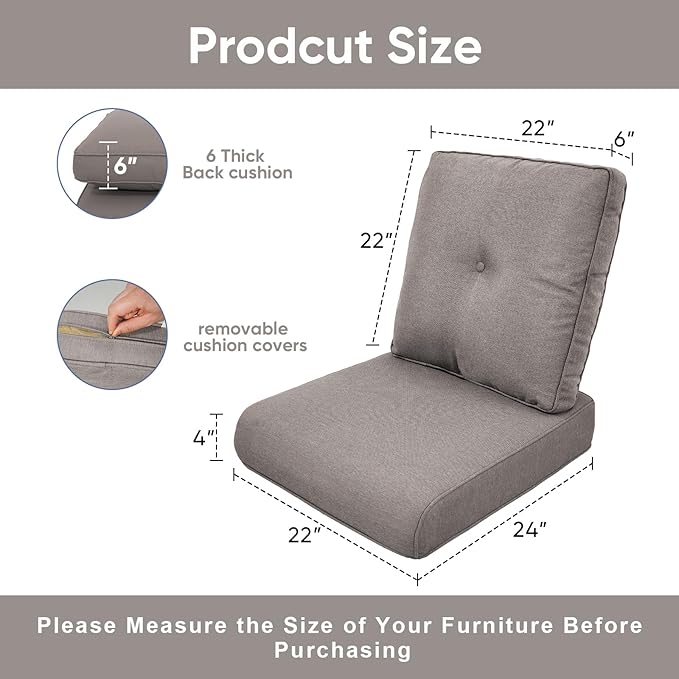 Patio Chair Cushions 3 Packs - Outside Heavy Duty Thick Water-Resistant Cushion 22x24 with Zipper Cover for Patio Glider Rocking Chairs Loveseat Couch – Grey/Buckle