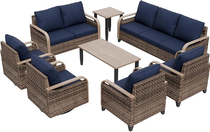 COOS BAY Modern Wicker Outdoor Furniture Set, Patio Conversation Set with Swivel Rockers, Patio Chairs, 3 Seat Couch, Loveseat, Coffee Table and Side Table, 8 Piece, Brown/Blue