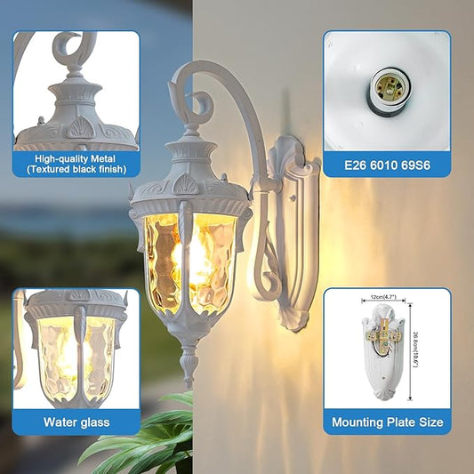 Outdoor Wall Lights, Waterproof Aluminum Porch Wall Light for Outside House, Patio, Yard, Garden, White Gooseneck Exterior Wall Sconce, Hardwired Outdoor Acorn Shape Lantern Lamp, Water Ripple Glass