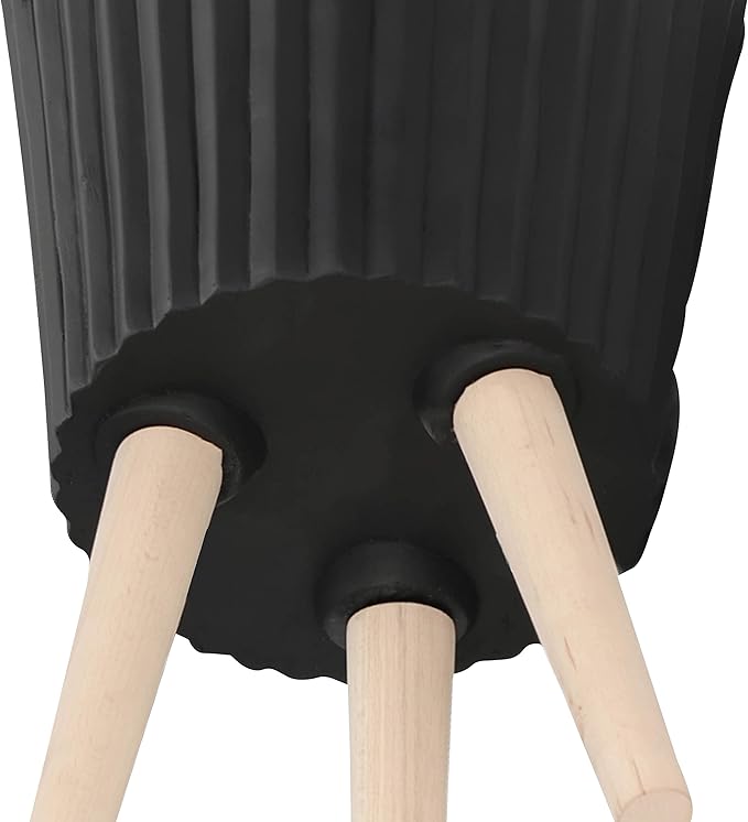 Sagebrook Home Set of 2 Planters with Stands - Modern Resin & Magnesia Pots with Wood Legs - Decorative Indoor & Outdoor Plant Containers for Home & Garden - 12" & 10", Black