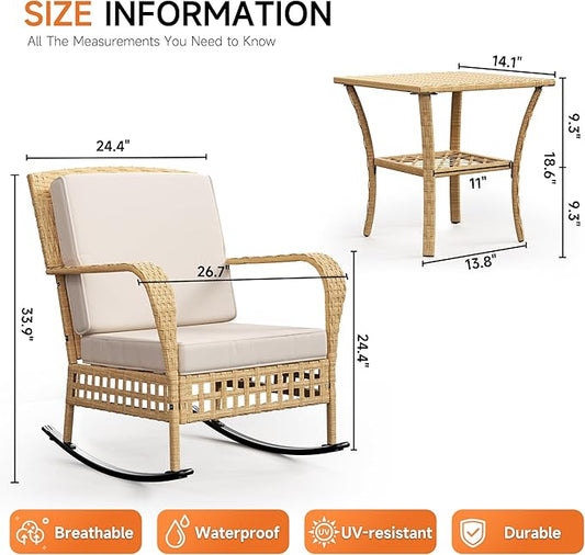 DECMICO Outdoor Rocking Chair, 3 Pieces Wicker Rocking Bistro Set with Rattan Table, Rattan Rocking Chairs with Washable Cushions, Outdoor Wicker Chair for Garden Backyard Porch Poolside