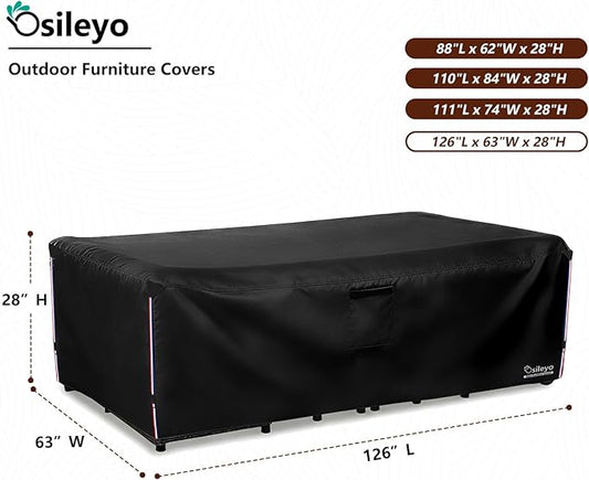 Waterproof Patio Furniture Covers,600D Heavy Duty Patio Cover for 6/7/8 PCS Sets Sectional Sofa Couch Dining Rocking Swivel Chairs Ottomans Coffee Table,126L x 63W x 28H inch Black