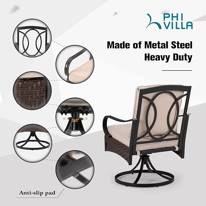 PHI VILLA Outdoor Swivel Chairs Set of 2, Heavy Duty Outdoor Metal Wicker Dining Chair with Padded Cushions, Large All Weather Wrought Iron Patio Chair for Balcony