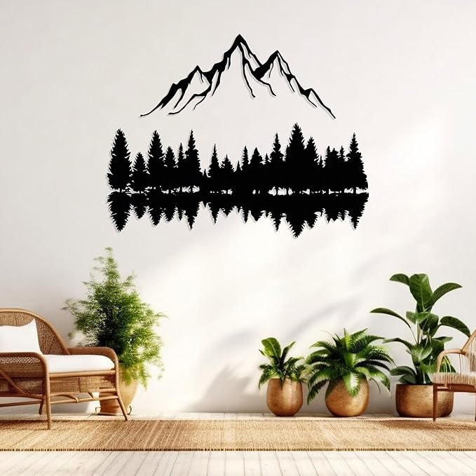 Mountain and Forest Lake Reflection Metal Wall Art, Nature-Inspired Silhouette Decor for Living Room, Bedroom or Office, Large Outdoor Wall Decor, Nature Christmas Décor (Black, 24x18 inches)