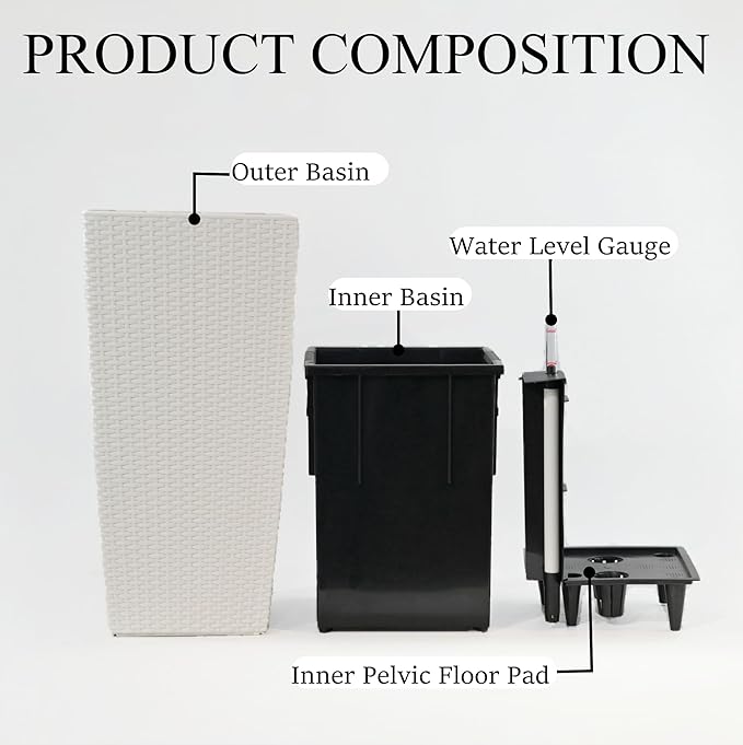 30in Tall Planter, Self Watering Pots for Indoor/Outdoor Plants with Drain Holes, Water Level Monitor, Inner Bucket for Front Porch Patio, White Large(1 Set)