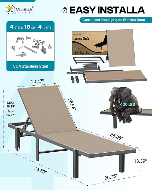 Pool Chaise Lounge Chair Set of 4, Outdoor Lounge Chairs with Wheels, 5-Position Adjustable Sun Loungers for Outside, Deck, Beach, Khaki