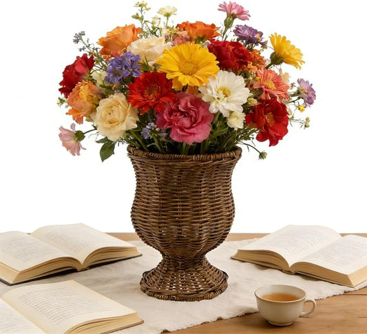 8 Inch Goblet Planter, Woven Rattan Look Resin Flower Pot with Sturdy Metal Frame, Decorative Indoor Outdoor Plant Pot, Rustic Brown Garden Container, for Flowers Herbs Patio Balcony Decor (2PC)