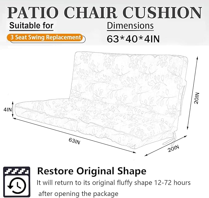 Swing Replacement Cushions with Backrest, 2 or 3 Seater Waterproof Non-Slip Overstuffed Swing Pad, Outdoor Bench Cushion for Porch Chair Swings Garden Furniture (Boho Blue, 40 * 63 in)
