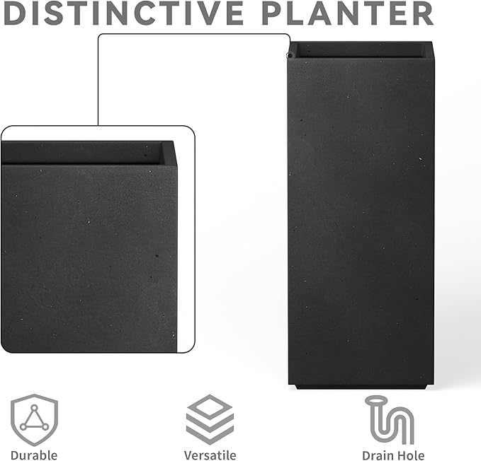 Kante 23.6" H Tall Rectangular Concrete Planter, Modern Square Diameter Plant Pot with Drainage Hole and Rubber Plug for Indoor Outdoor Home Patio Garden, Black