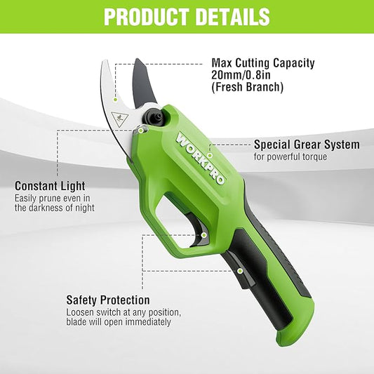 WORKPRO 7.2V Electric Pruning Shears, Battery Powered Pruning Shears, Cordless Tree Pruner, 0.8 Inch Cutting Diameter, Branch Cutter Gardening Scissors with Rechargeable Battery