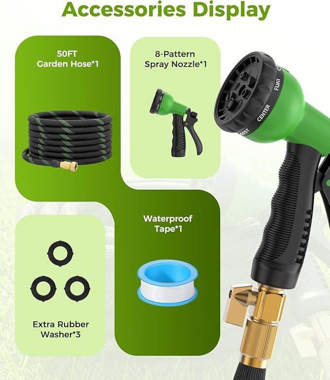 50ft Garden Hose, Non-Expandable Water Hose with 8 Function Spray Nozzle, Lightweight, Knik-Free, Burst-Resistant, Durable & Flexible 3/4" Garden Hose for Lawn, House Cleaning, Car Washing