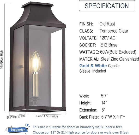 14" Small Classic Outdoor Wall Lantern Light for House Exterior,Handcrafted Old Rust Metal Cage Mounted Pocket Wall Sconce W/Clear Tempered Glass,Waterproof for Porch, Patio, Garage&Front Door E12