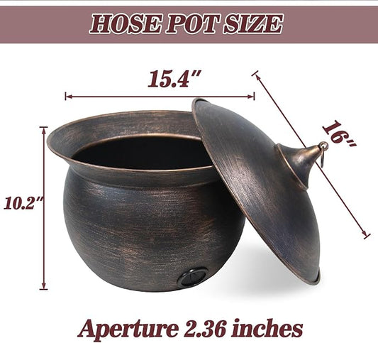 Metal Garden Hose Storage Pot, Vintage Copper Finish Hose Holder with Lid, Heavy-Duty Outdoor Water Hose Container for Patio/Yard/Lawn Decor