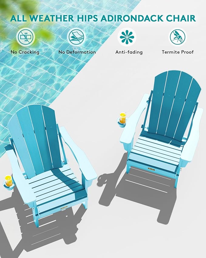 SERWALL Folding Adirondack Chair Weather Resistant Patio Chair with Cup Holder Outdoor Chairs Set of 6 Painted Adirondack Chairs - Light Blue
