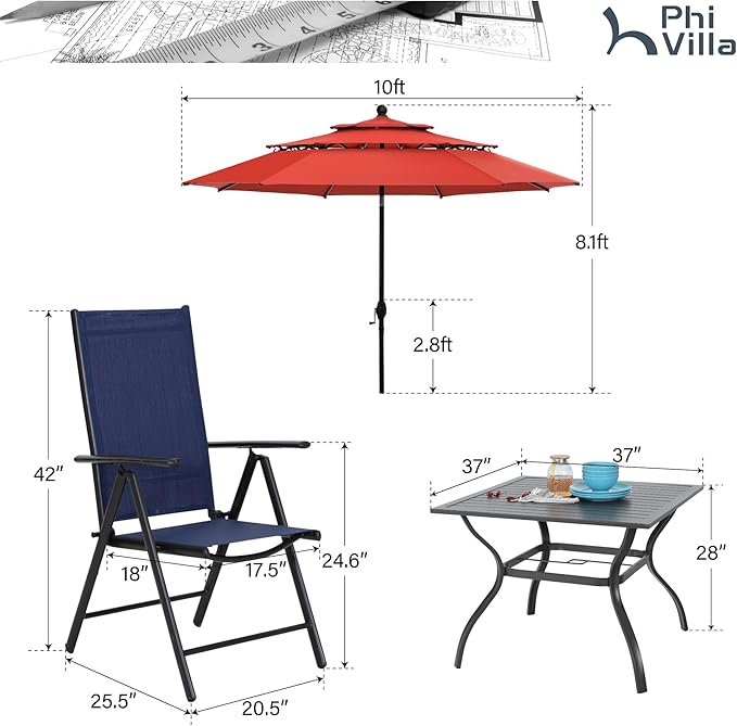 PHI VILLA 5 Pcs Outdoor Dining Set with Umbrella, Patio Dining Set with Metal Outdoor Table and Adjustable Patio Folding Chairs Blue for Yard, Lawn and Garden