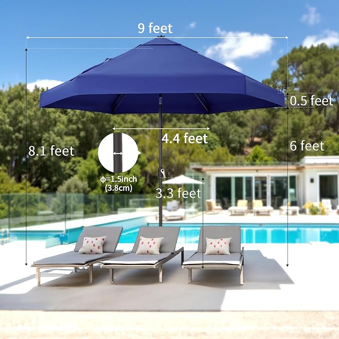 CROWN SHADES 9 Ft Patio Umbrella with Auto-Tilt & Olefin Fabric - Patented 90° Edge Connection Wind Resistant, Outdoor Umbrella for Table, Pool, Beach, Effortless Crank System
