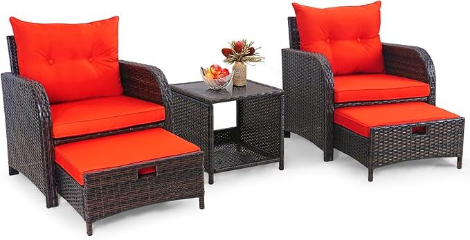 5 Pieces Wicker Patio Chairs Set with Ottomans, Orange Cushioned Lounge Chairs Set of 2 with Ottoman, PE Rattan Outdoor Furniture with Ottoman Set for Balcony Porch