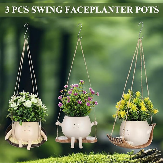 Nuogo 3 Pack Hanging Swing Chair Planter Pots Cute Wall Hanging Planter Pot Swing Face Pot with Drainage Holes Head Pots for Indoor Outdoor Plant Home Decor(Cute)