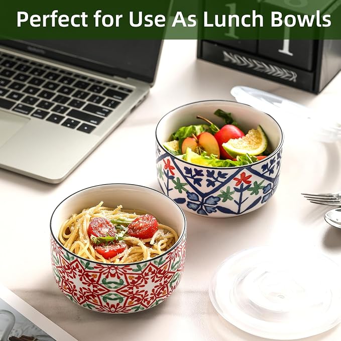 Ceramic Bowl with Lid, Microwave Safe, Set of 4 | Food Storage Containers for Soup, Meal Prep, Cereal, Salad Leftovers - Picnic, Camping, Office Lunch - 20 oz, A-Pattern