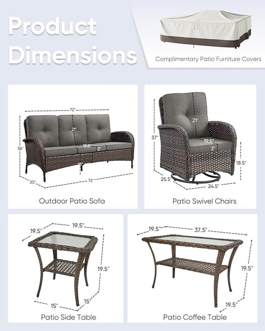 5 Pieces Wicker Patio Furniture Set-Outdoor Swivel Rocker Patio Chairs Patio Sofa Set with Tempered Glass Top Outdoor Coffee Table for Deck Lawn Porch Balcony Poolside-Brown/Grey