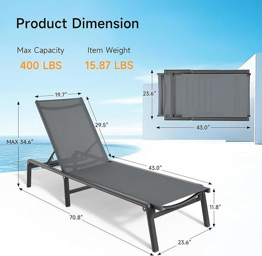 ONBRILL Aluminum Chaise Lounge Chair Outdoor, Foldable & Assembly Free Outdoor Lounge Chair with 5 Position Adjustable Backrest, Patio Pool Lounge Chairs for Outside Poolside Beach Lawn, 1PC, Grey