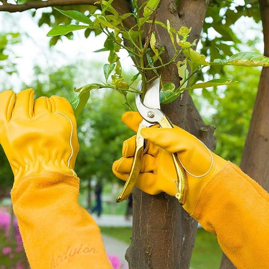 Acdyion Thorn Proof Gardening Gloves for Men & Women, Long Cowhide Leather Rose Pruning Gloves with Forearm Protection, Puncture Resistant Gauntlets for Cacti, Blackberries & Yard Work(yellow,X-Large)