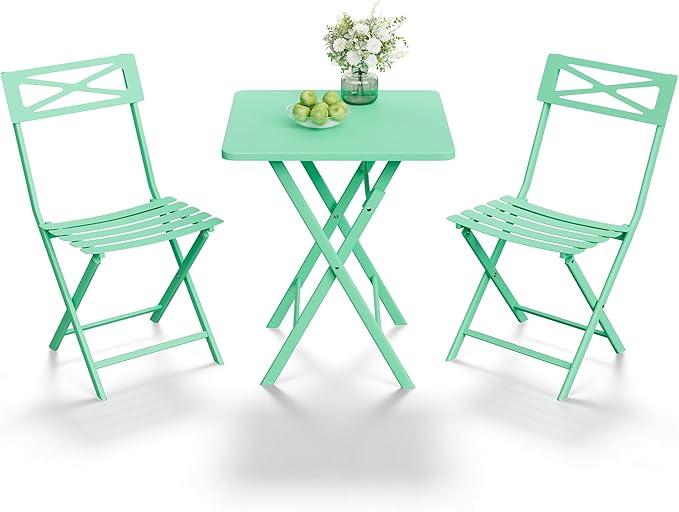 Outdoor Square Bistro Set 3 Piece, Green Iron Tube Patio Furniture Set with Square Table & 2 Chairs, Foldable Steel Backyard Deck Porch Garden , Space Saving Outdoor Dining Set for Small Spaces